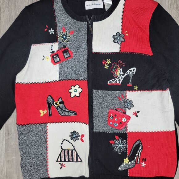 Alfred Dunner Patchwork Sweater Size L Black Red Embroidered Details Long Sleeve - Picture 2 of 4